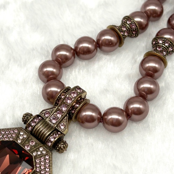 💎 Heidi Daus Dazzling Art Deco Mauve Pearl Pendant Crystal Necklace 17-21” EUC 💎 - Picture 12 of 16